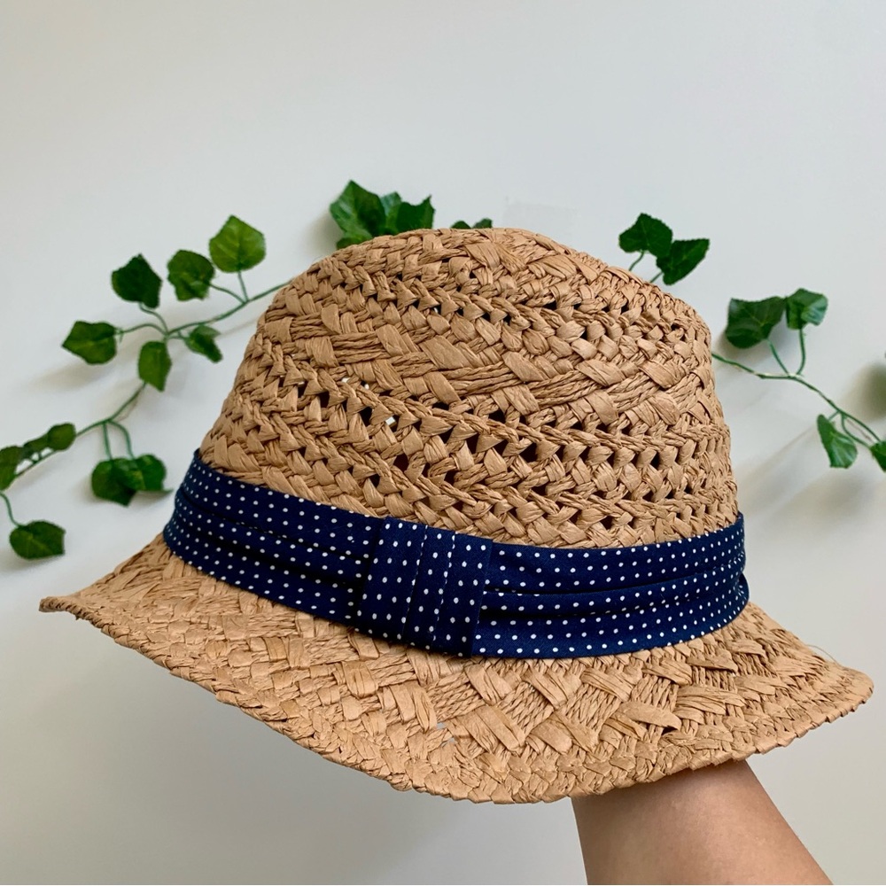 Stylish Straw Hat with Navy Polka Dot Band